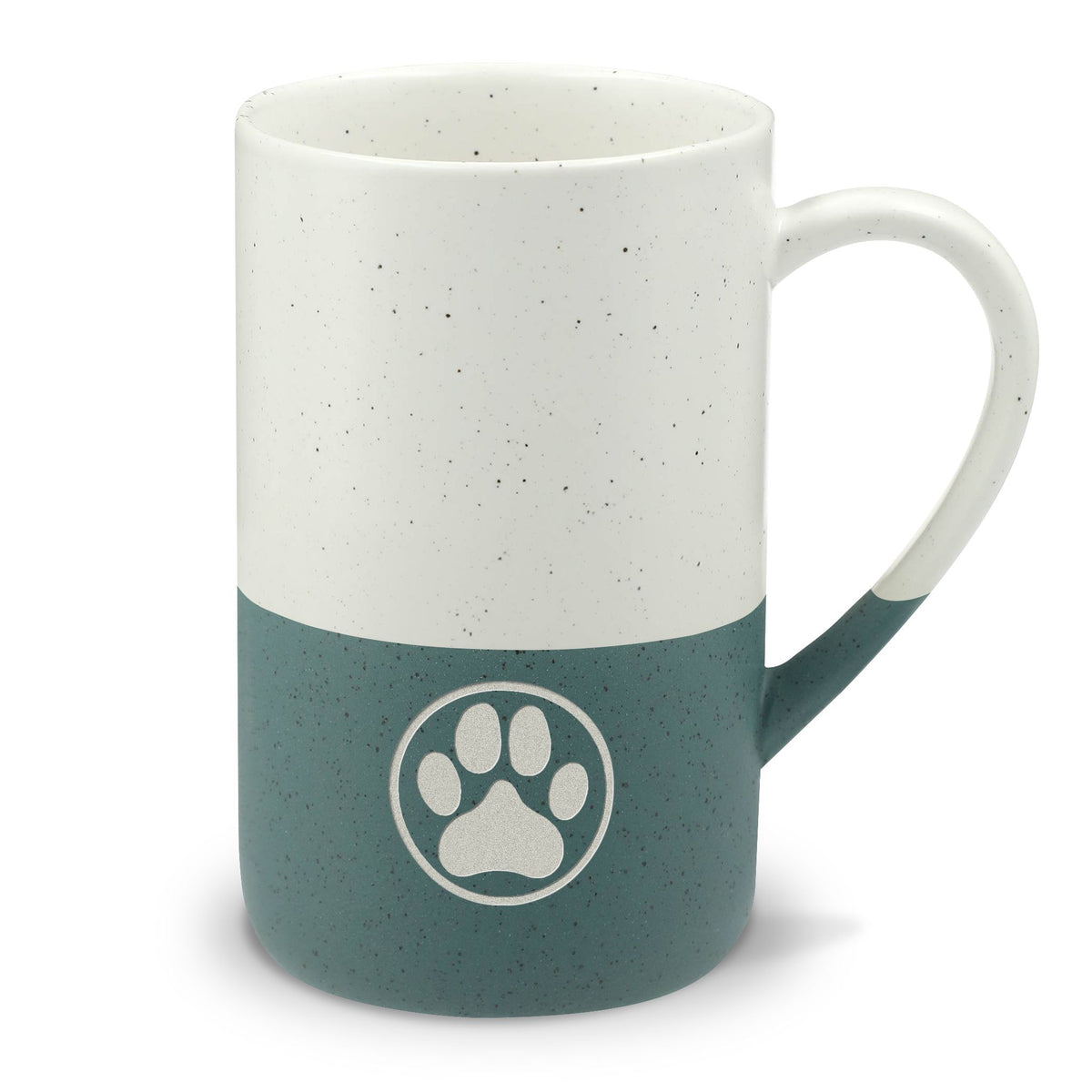 Law of the Paw® dog paw print engraved on a speckled two-tone ceramic mug, white top with forest green base – Kate Spain design