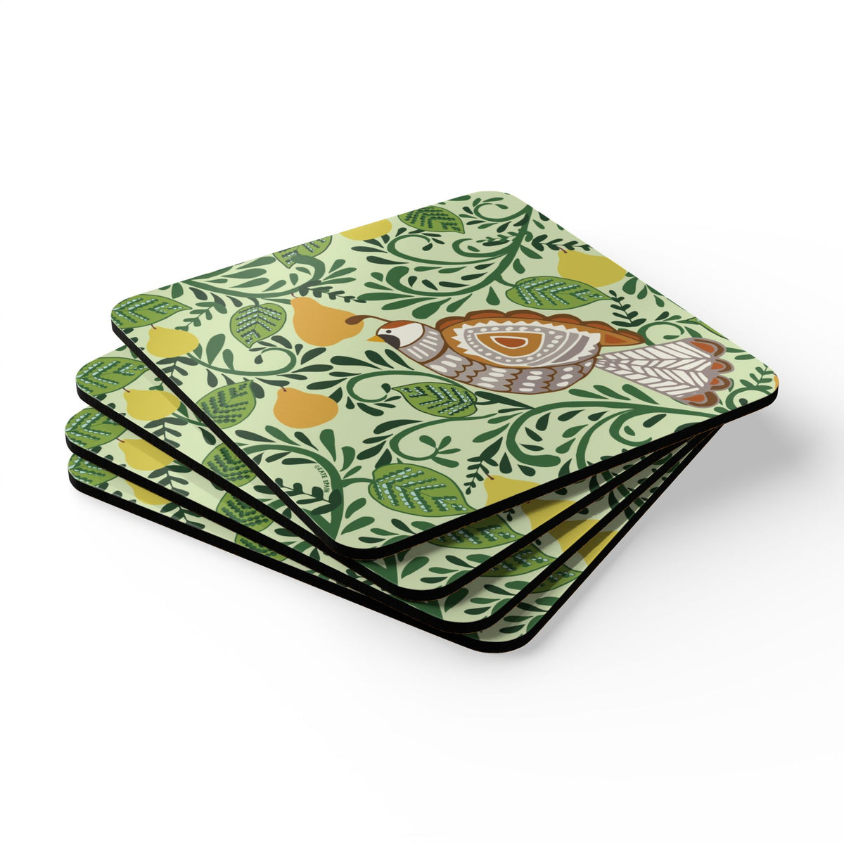 Partridge cork-backed coaster set of four, folk-art partridge among golden pears and patterned leaves on sage green, stacked set, angled view – Kate Spain design