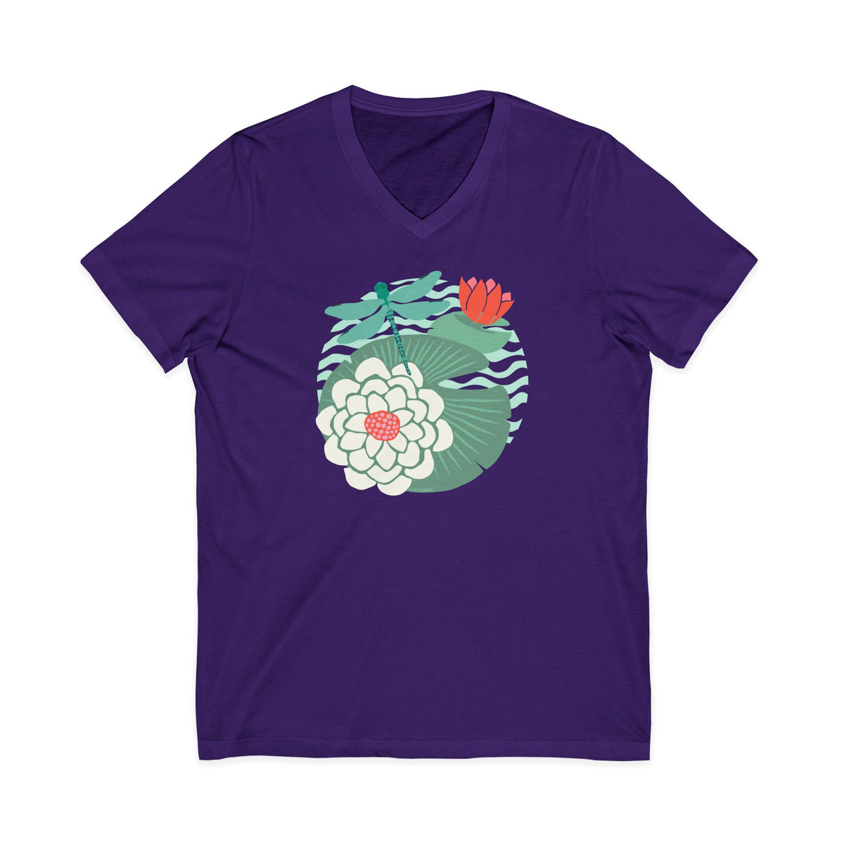 Dragonfly over water lilies and lily pads on a V-neck t-shirt in purple, front view – Kate Spain design