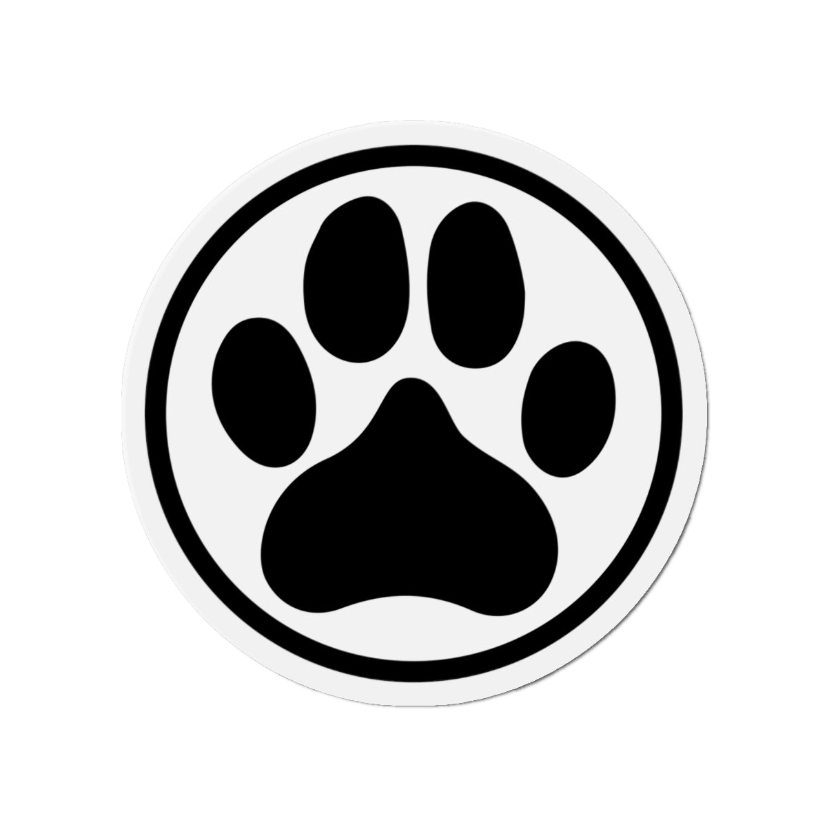 Black-and-white dog paw print die-cut magnet with a circular border, product view – Kate Spain design