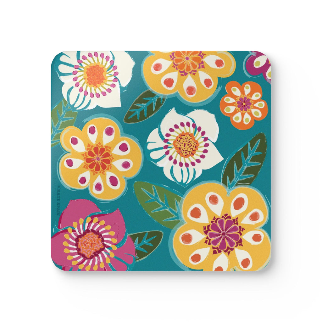 Sorrento cork-backed coaster, retro yellow, white, pink and orange blooms on turquoise, single coaster, top view – Kate Spain design