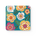 Sorrento cork-backed coaster, retro yellow, white, pink and orange blooms on turquoise, single coaster, top view – Kate Spain design