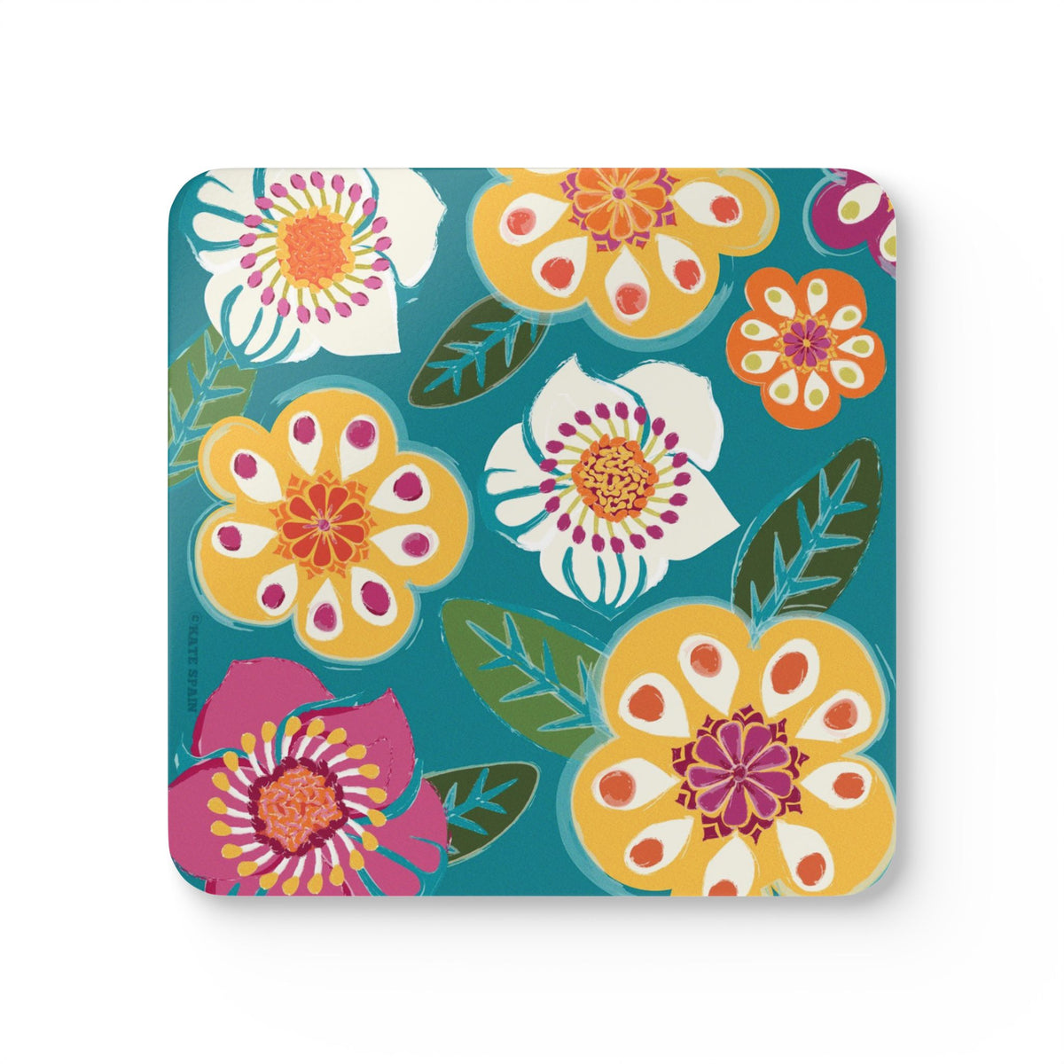Sorrento cork-backed coaster, retro yellow, white, pink and orange blooms on turquoise, single coaster, top view – Kate Spain design
