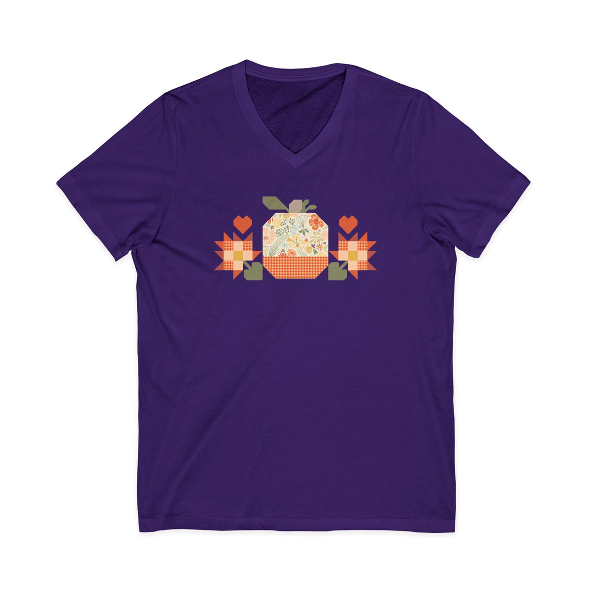 Falling for Fall patchwork pumpkin with quilt-block stars and hearts on a V-neck t-shirt in purple, front view – Kate Spain design for Pat Sloan
