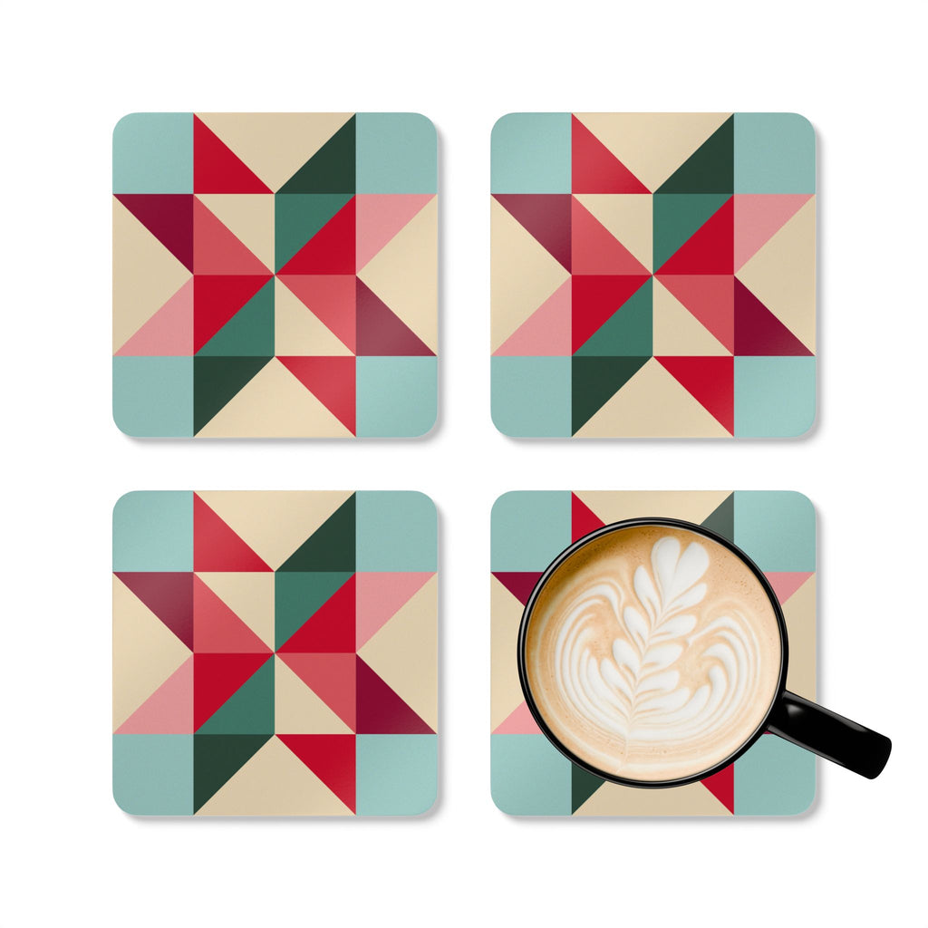 Barn Star cork-backed coaster set of four, quilt-block barn star in red, berry, pink, teal and forest green on cream, four coasters with a latte mug – Kate Spain design