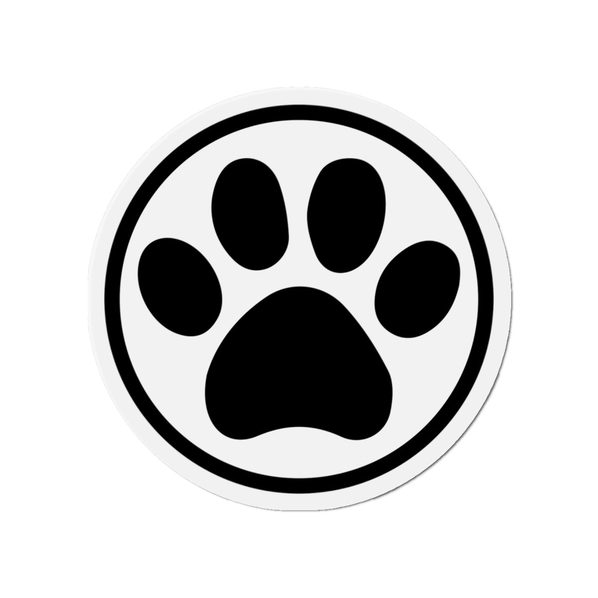 Black-and-white cat paw print die-cut magnet with a circular border, product view – Kate Spain design