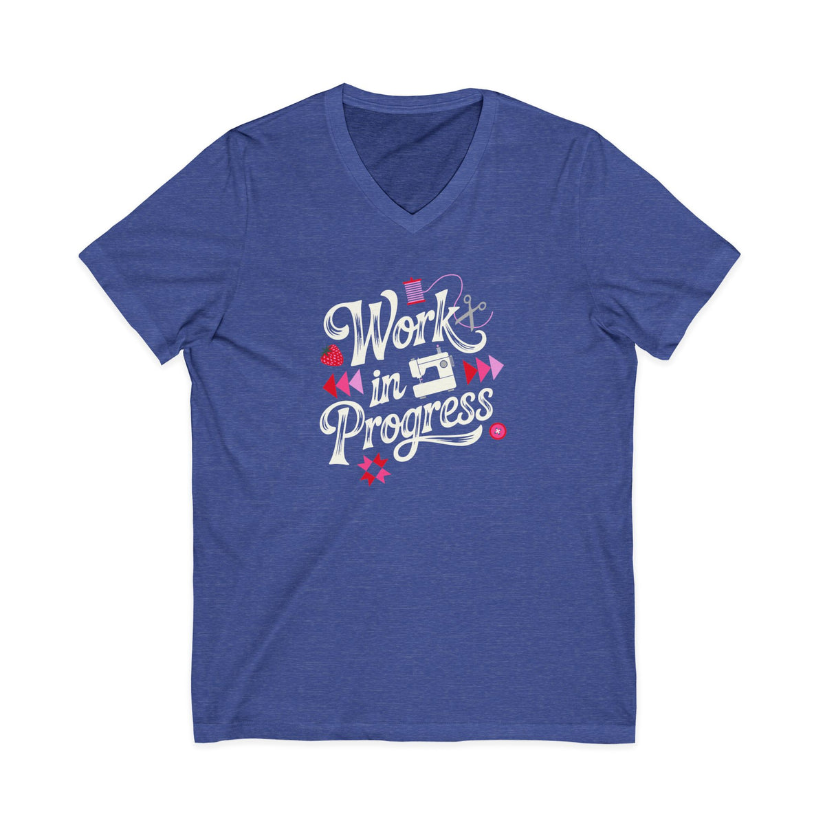 Work in Progress sewing design with flying geese, sewing machine, strawberry and thread spool on a V-neck t-shirt in heather true royal, front view – Kate Spain design for Pat Sloan