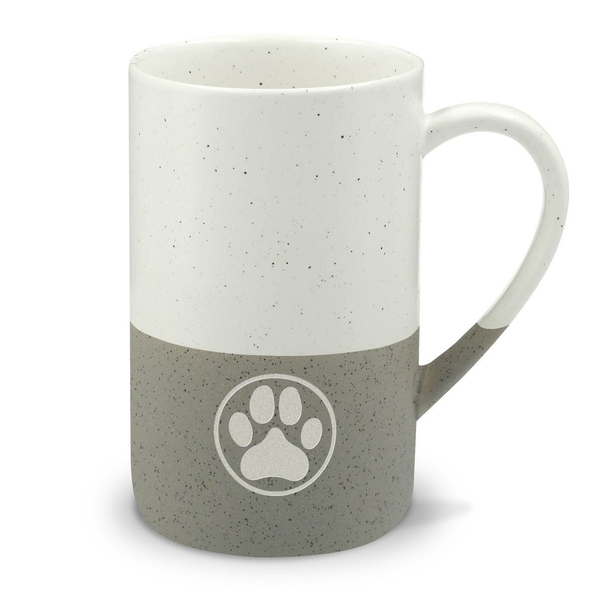 Law of the Paw® dog paw print engraved on a speckled two-tone ceramic mug, white top with grey base – Kate Spain design