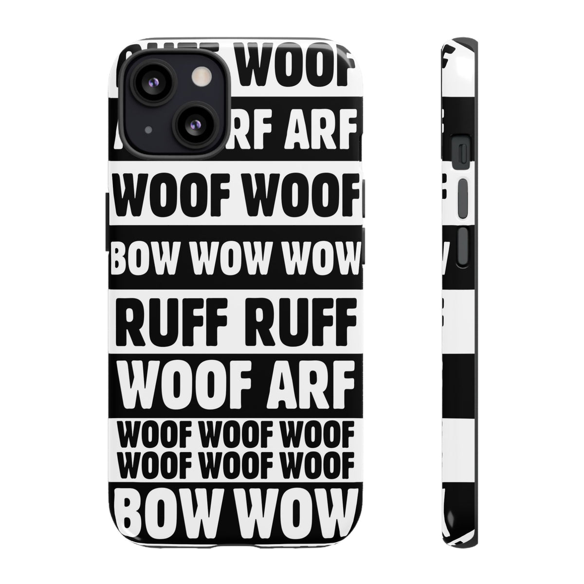Law of the Paw® Woof Woof phone case with black-and-white WOOF, ARF and BOW WOW lettering for iPhone 13, glossy finish, back view – Kate Spain design
