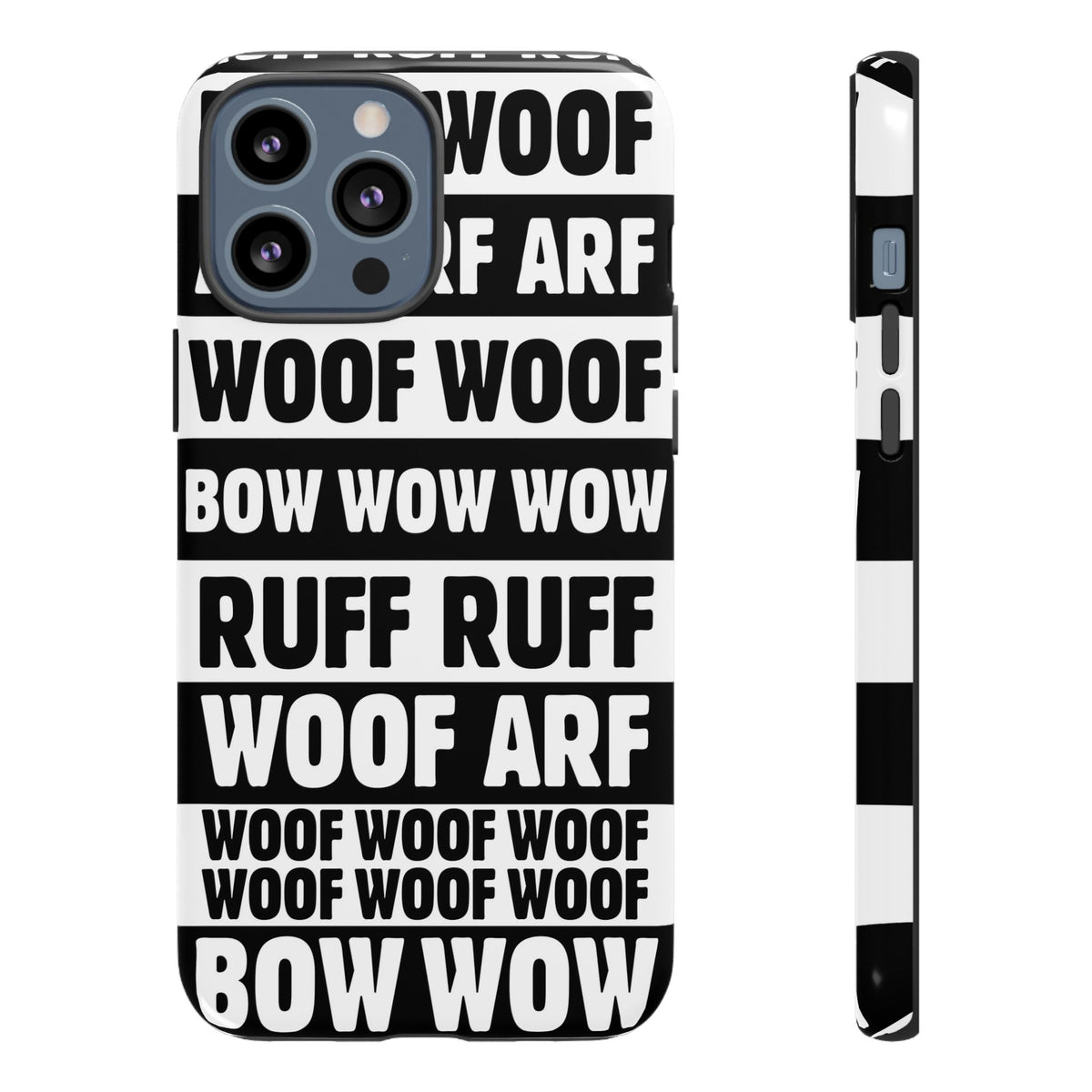 Law of the Paw® Woof Woof phone case with black-and-white WOOF, ARF and BOW WOW lettering for iPhone 13 Pro Max, glossy finish, back view – Kate Spain design