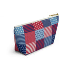 United We Quilt zip pouch in red, white and blue patchwork, angled view – Kate Spain design for Pat Sloan