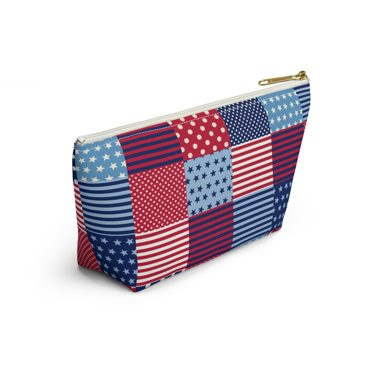 United We Quilt zip pouch in red, white and blue patchwork, angled view – Kate Spain design for Pat Sloan