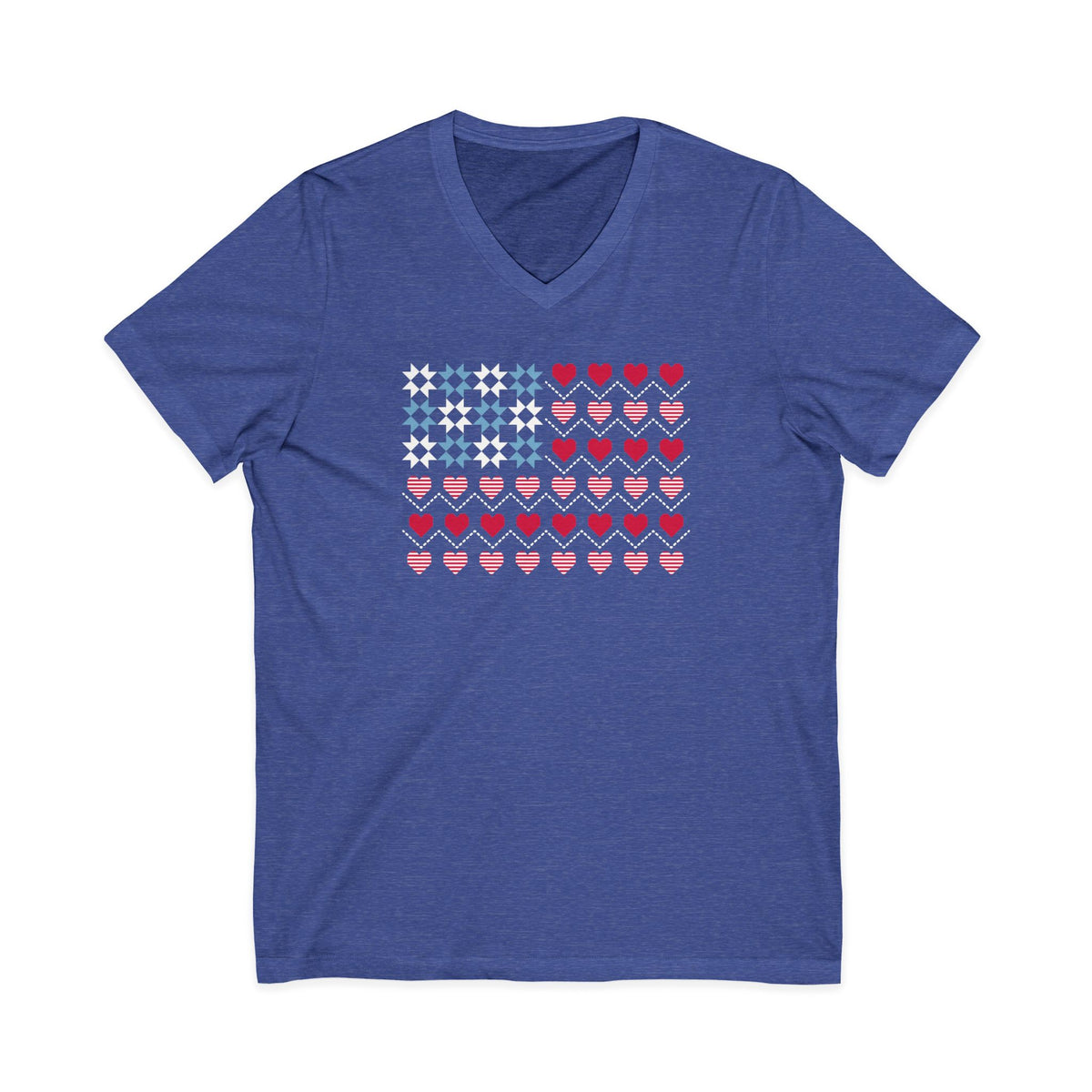 United We Quilt patchwork flag with quilt-block stars and heart stripes on a V-neck t-shirt in heather true royal, front view – Kate Spain design for Pat Sloan
