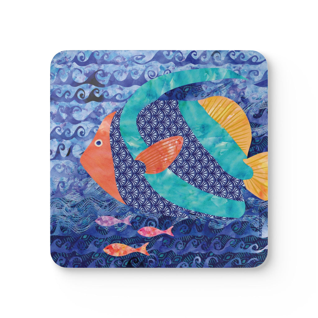 Oceana Fish cork-backed coaster, teal, orange and gold tropical fish on swirling blue waves, single coaster, top view – Kate Spain design