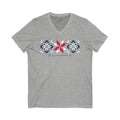 Firecracker quilt-block stars with script lettering in red, white and blue on a V-neck t-shirt in athletic heather grey, front view – Kate Spain design for Pat Sloan