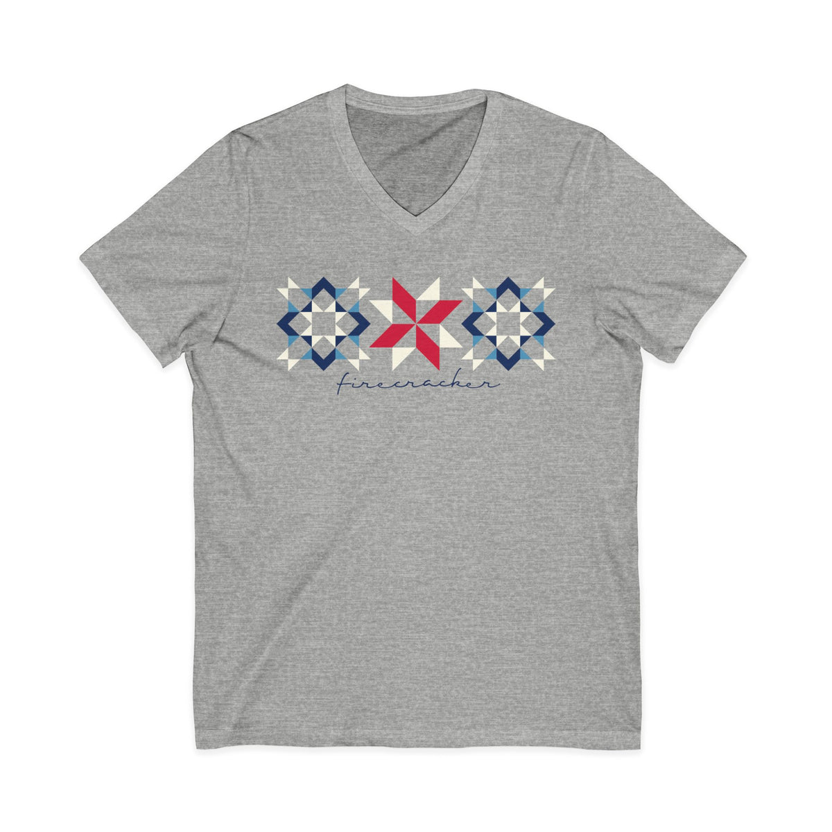 Firecracker quilt-block stars with script lettering in red, white and blue on a V-neck t-shirt in athletic heather grey, front view – Kate Spain design for Pat Sloan