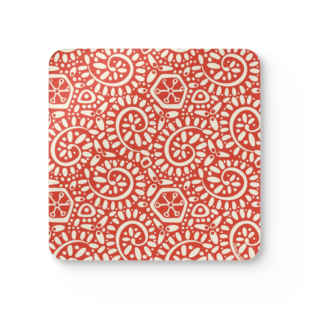 Canto Mandarin cork-backed coaster, cream botanical spirals and petals on tomato red, single coaster, top view – Kate Spain design