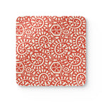 Canto Mandarin cork-backed coaster, cream botanical spirals and petals on tomato red, single coaster, top view – Kate Spain design