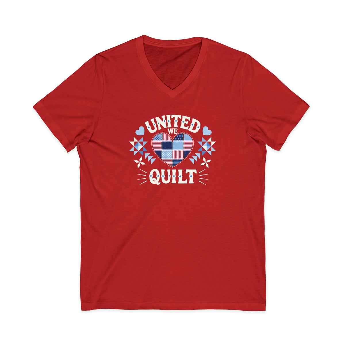 Quilters United quilt badge in red, white and blue on a V-neck t-shirt in red, front view – Kate Spain design for Pat Sloan