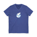 Great egret in flight against a blue circle on a V-neck t-shirt in heather true royal, front view – Kate Spain design