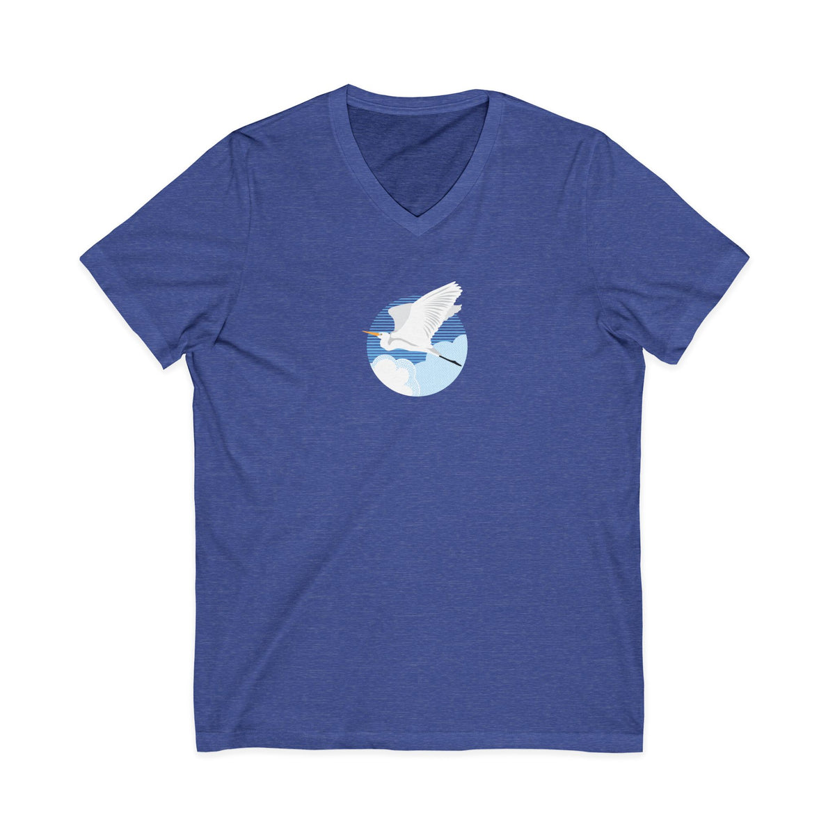 Great egret in flight against a blue circle on a V-neck t-shirt in heather true royal, front view – Kate Spain design