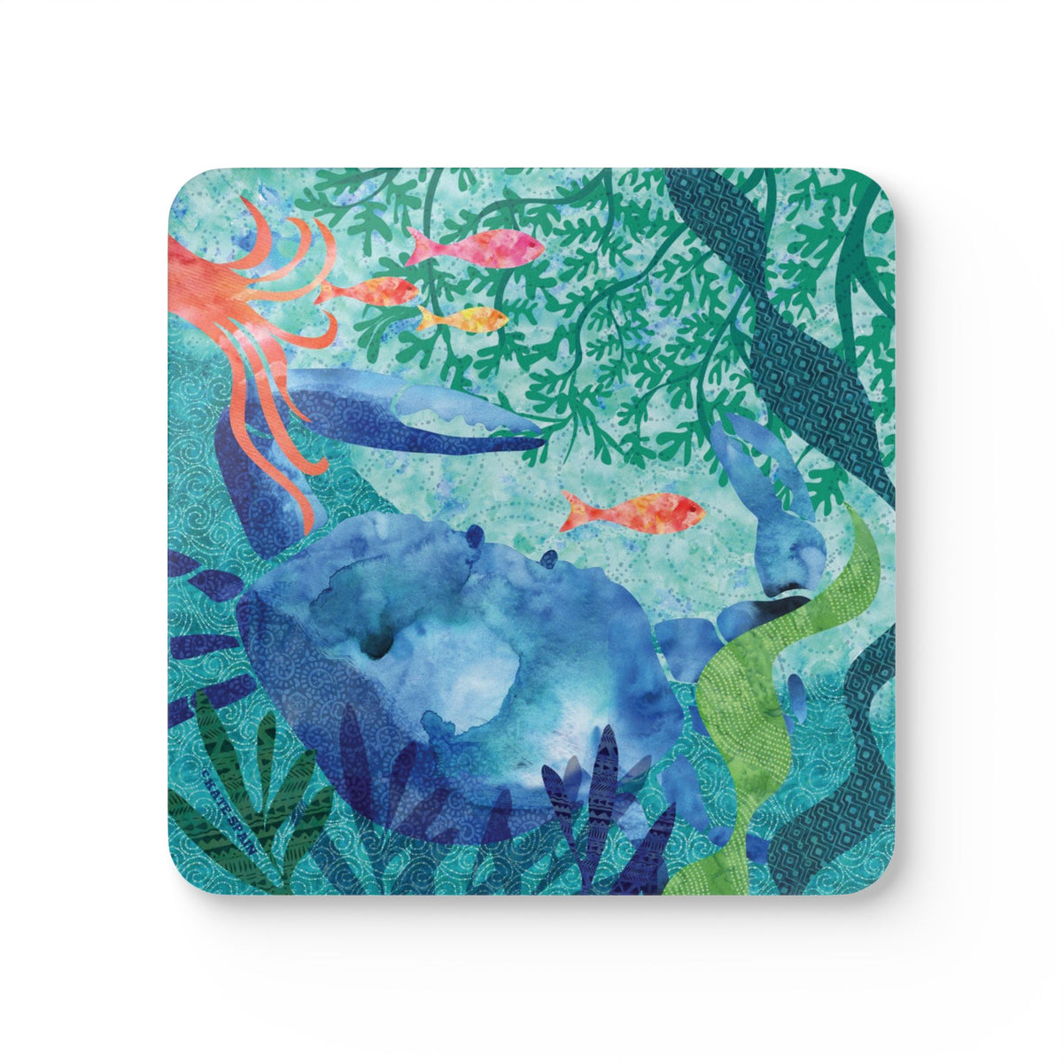 Oceana Crab cork-backed coaster, blue crab among seaweed, coral and tropical fish on teal, single coaster, top view – Kate Spain design