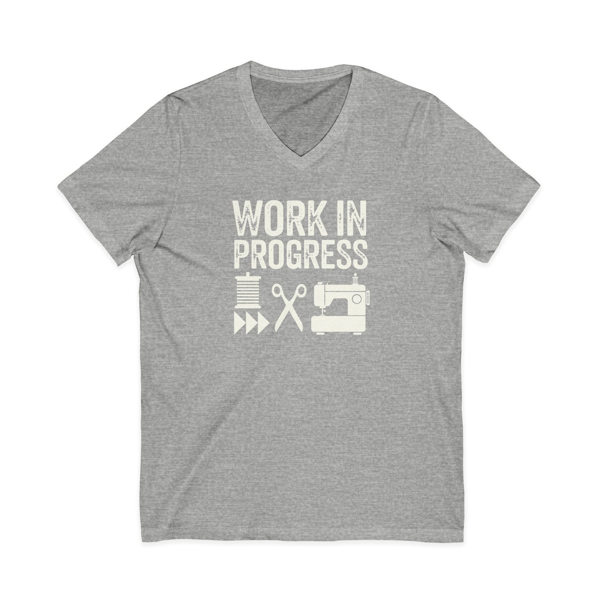 Work in Progress Mod distressed lettering with thread, scissors and sewing machine on a V-neck t-shirt in athletic heather grey, front view – Kate Spain design for Pat Sloan