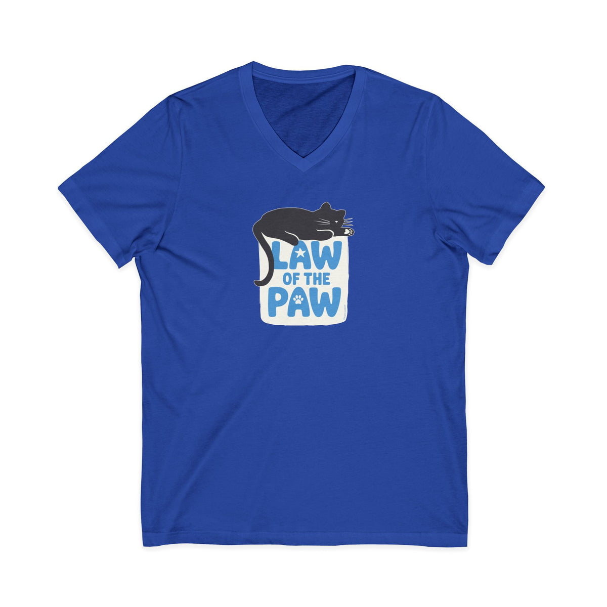 Law of the Paw® design with a cat napping on the logo on a V-neck t-shirt in royal blue, front view – Kate Spain design