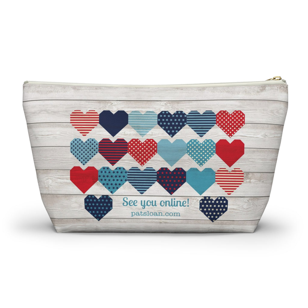 Liberty Love zip pouch with star quilt blocks on the front and hearts on the back, back view – Kate Spain design for Pat Sloan
