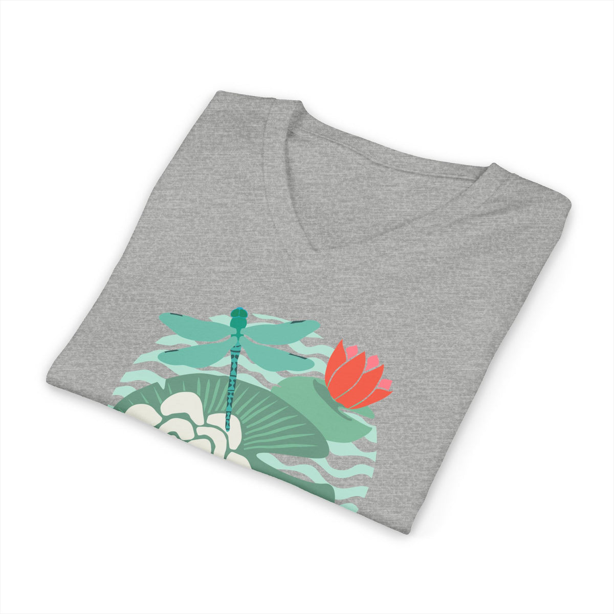 Dragonfly over water lilies and lily pads on a V-neck t-shirt in athletic heather grey, folded close-up of the design – Kate Spain design