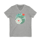 Dragonfly over water lilies and lily pads on a V-neck t-shirt in athletic heather grey, front view – Kate Spain design