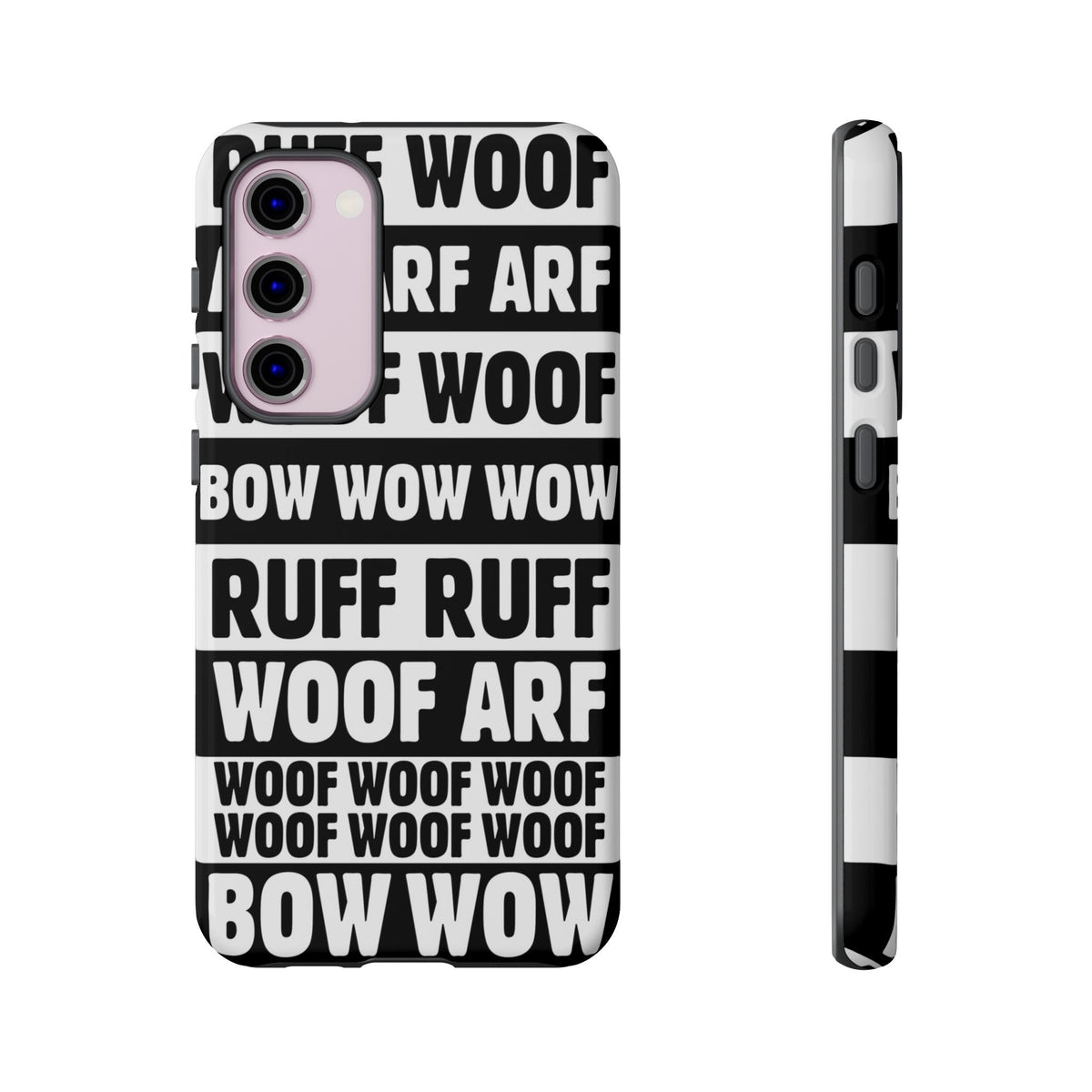 Law of the Paw® Woof Woof phone case with black-and-white WOOF, ARF and BOW WOW lettering for Samsung Galaxy S23 Plus, glossy finish, back view – Kate Spain design