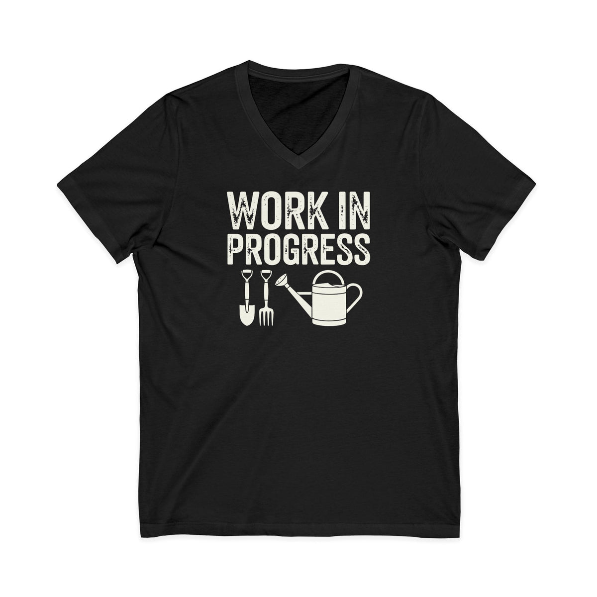 Garden Work in Progress distressed lettering with a shovel, pitchfork and watering can on a V-neck t-shirt in black, front view – Kate Spain design