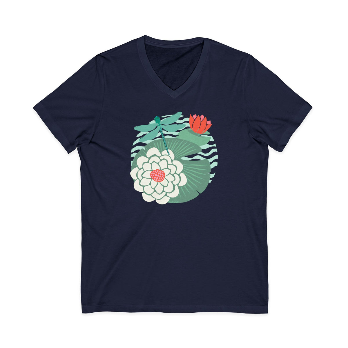 Dragonfly over water lilies and lily pads on a V-neck t-shirt in navy, front view – Kate Spain design