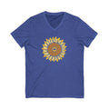 Golden sunflower with a heart center on a V-neck t-shirt in heather true royal, front view – Sunflowers in My Heart by Kate Spain
