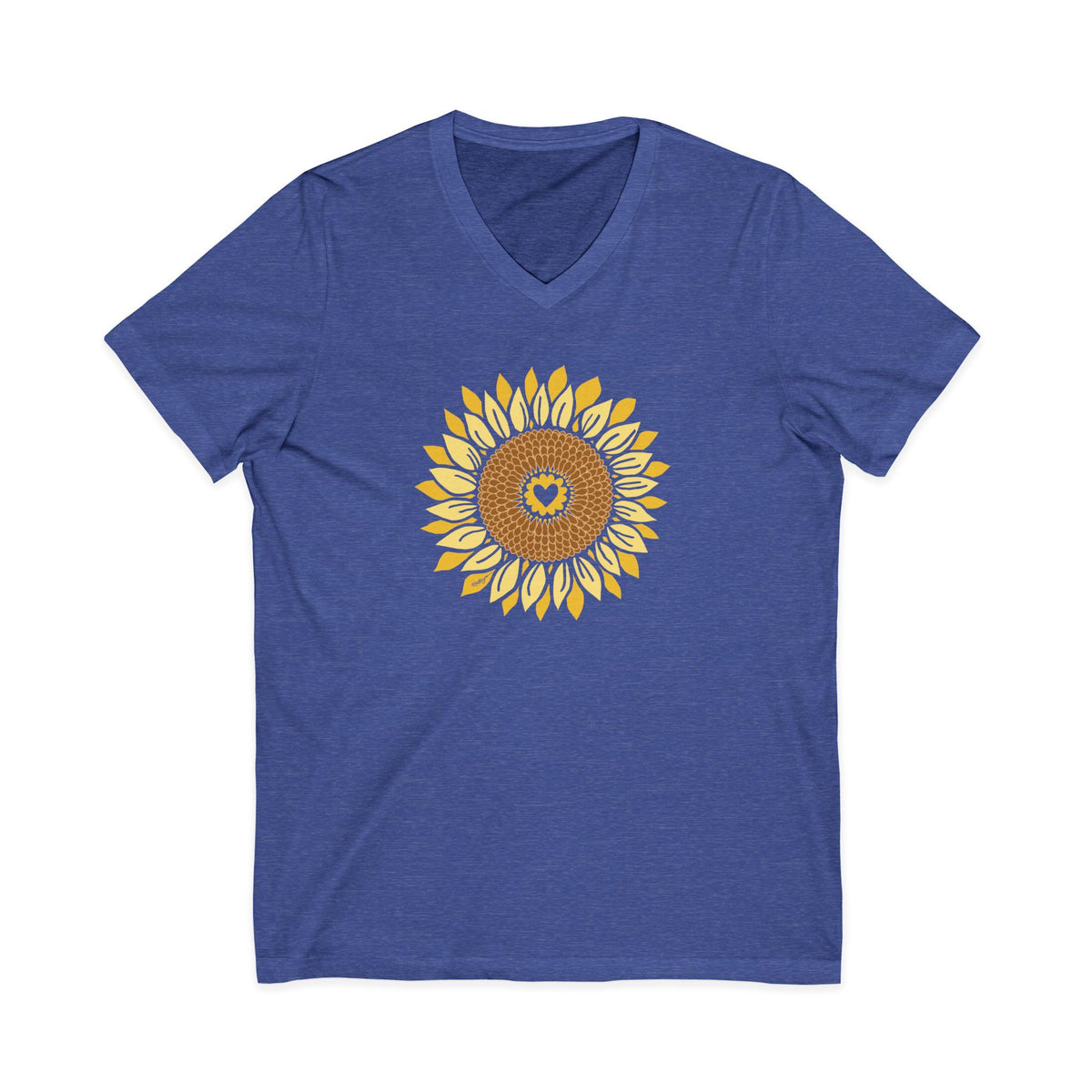 Golden sunflower with a heart center on a V-neck t-shirt in heather true royal, front view – Sunflowers in My Heart by Kate Spain