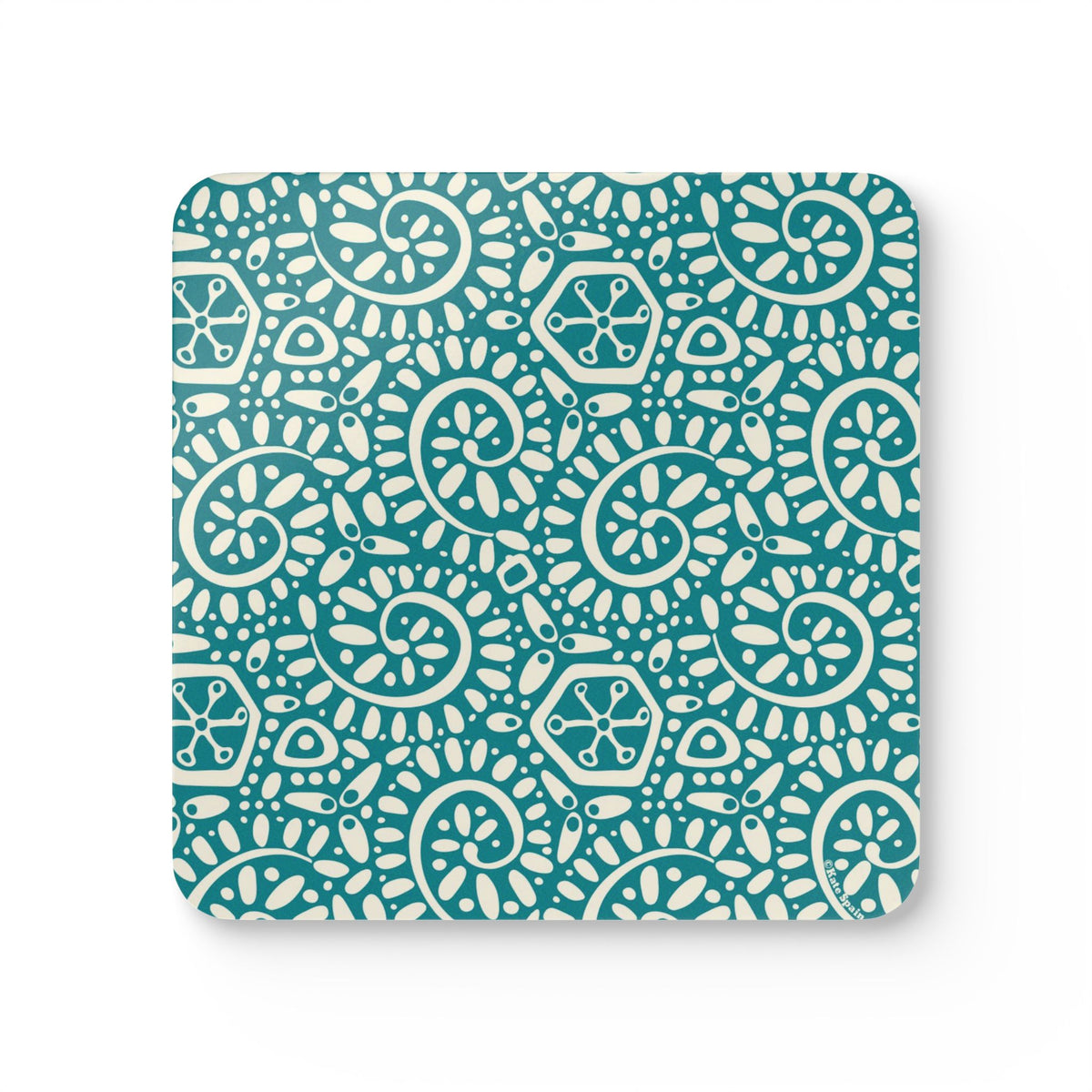 Canto Turquoise cork-backed coaster, cream botanical spirals and petals on turquoise, single coaster, top view – Kate Spain design