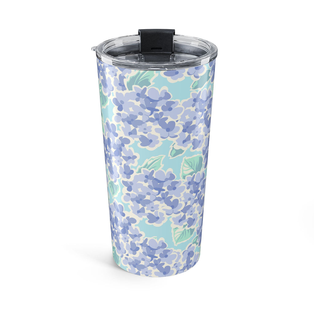 Nantucket Hydrangea 20 oz insulated stainless steel tumbler, periwinkle and lavender hydrangeas with mint leaves on pale aqua, front view with the flip-top closure open – Kate Spain design
