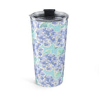 Nantucket Hydrangea 20 oz insulated stainless steel tumbler, periwinkle and lavender hydrangeas with mint leaves on pale aqua, front view with the flip-top closure open – Kate Spain design