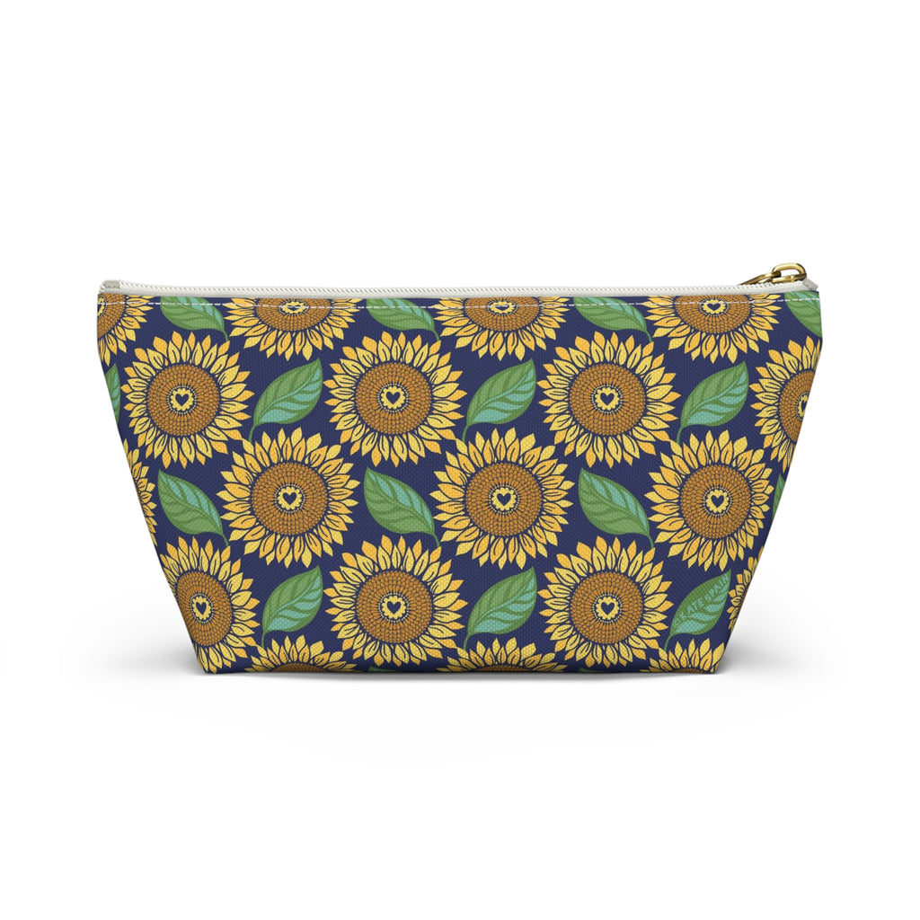 Zip pouch with golden sunflowers and green leaves on navy, white zipper, back view – Kate Spain design