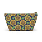 Zip pouch with golden sunflowers and green leaves on navy, white zipper, back view – Kate Spain design
