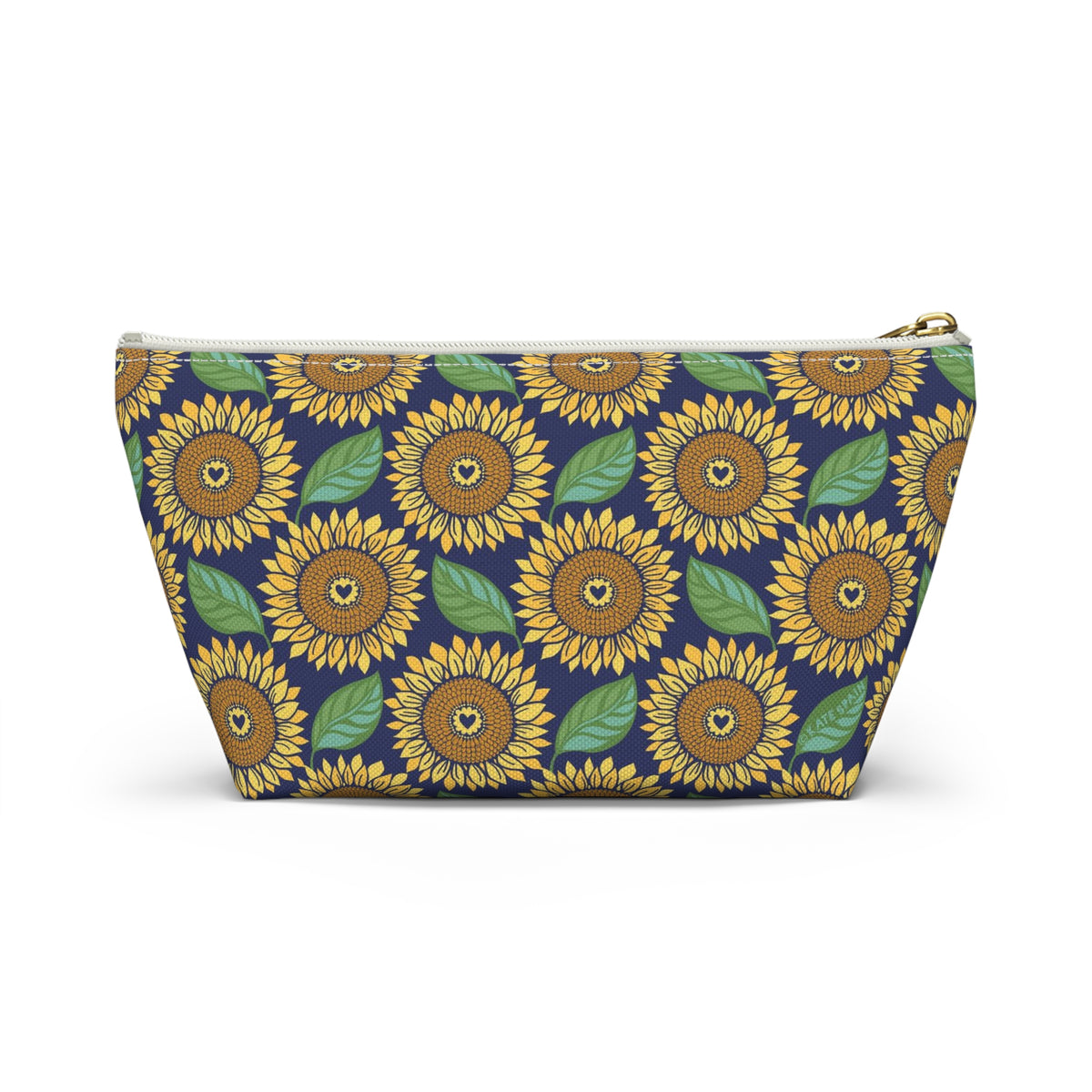 Zip pouch with golden sunflowers and green leaves on navy, white zipper, back view – Kate Spain design