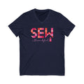 Sew Thankful patchwork lettering with a heart-topped thread spool on a V-neck t-shirt in navy, front view – Kate Spain design for Pat Sloan