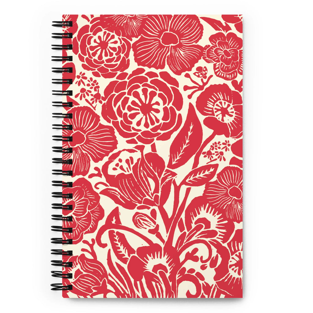Meadow Spiral Notebook – Poppy — sun-dappled wildflower meadow in warm poppy reds and garden greens spiral-bound cover