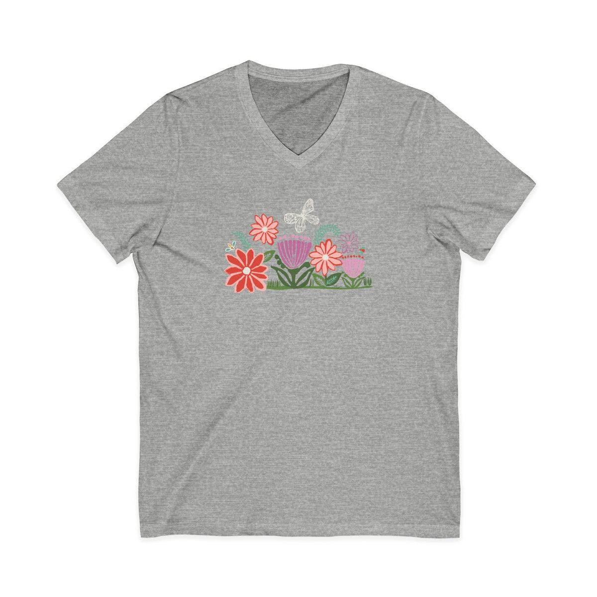Bloom woodblock-style flowers with a butterfly, ladybug and bee on a V-neck t-shirt in athletic heather grey, front view – Kate Spain design