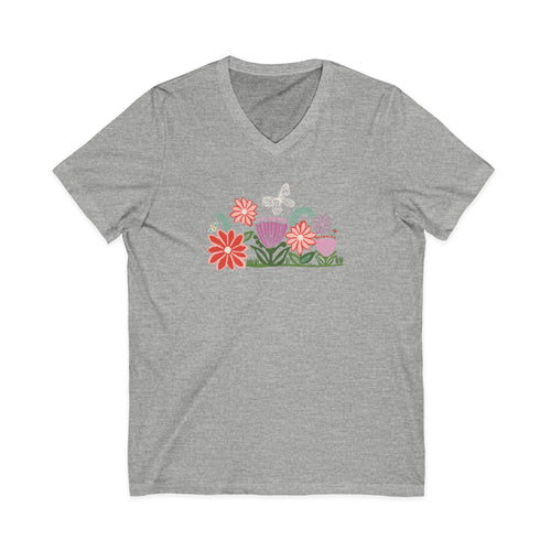Bloom woodblock-style flowers with a butterfly, ladybug and bee on a V-neck t-shirt in athletic heather grey, front view – Kate Spain design