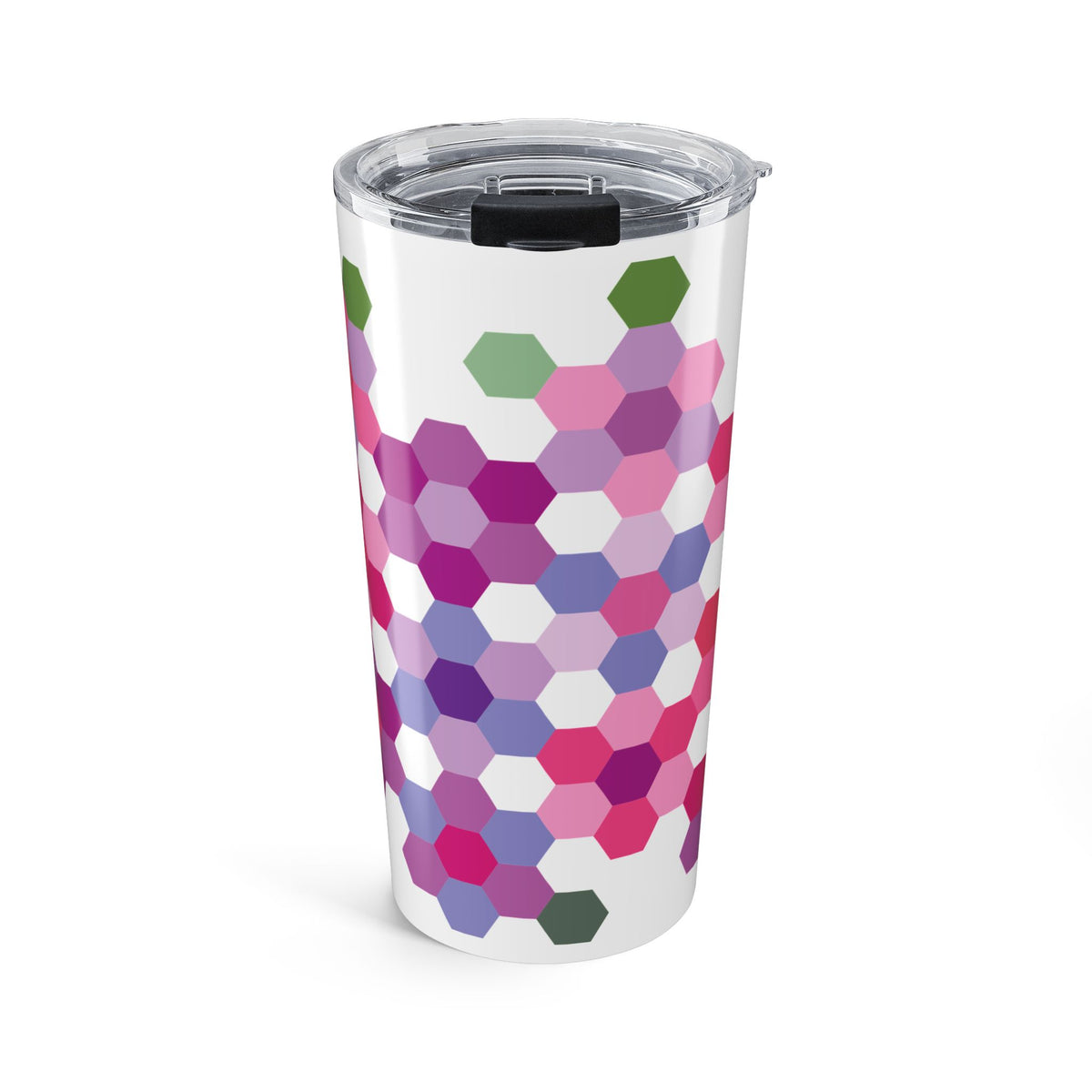 20 oz stainless steel tumbler wrapped in Pink GeoFlora hexagon flowers, front view – Kate Spain design for Pat Sloan