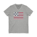 United We Quilt patchwork flag with quilt-block stars and heart stripes on a V-neck t-shirt in athletic heather grey, front view – Kate Spain design for Pat Sloan