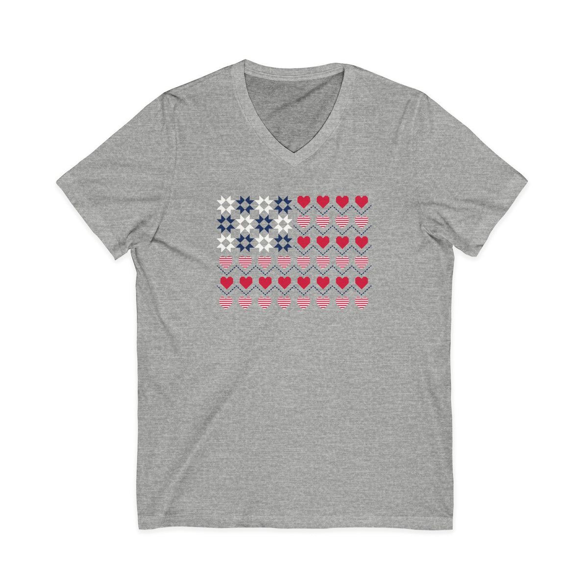 United We Quilt patchwork flag with quilt-block stars and heart stripes on a V-neck t-shirt in athletic heather grey, front view – Kate Spain design for Pat Sloan