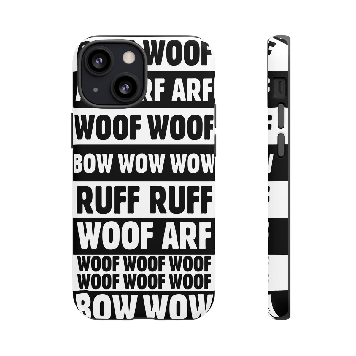 Law of the Paw® Woof Woof phone case with black-and-white WOOF, ARF and BOW WOW lettering for iPhone 13 Mini, matte finish, back view – Kate Spain design